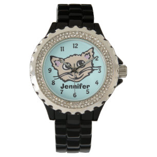 Fun aqua chicas gato gatito nombre gráfico reloj d