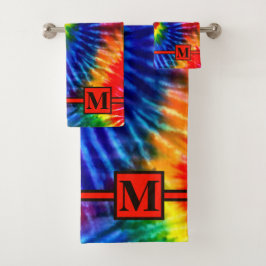 Fun Bright Rainbow Retro Tie Dye Red Monogramado