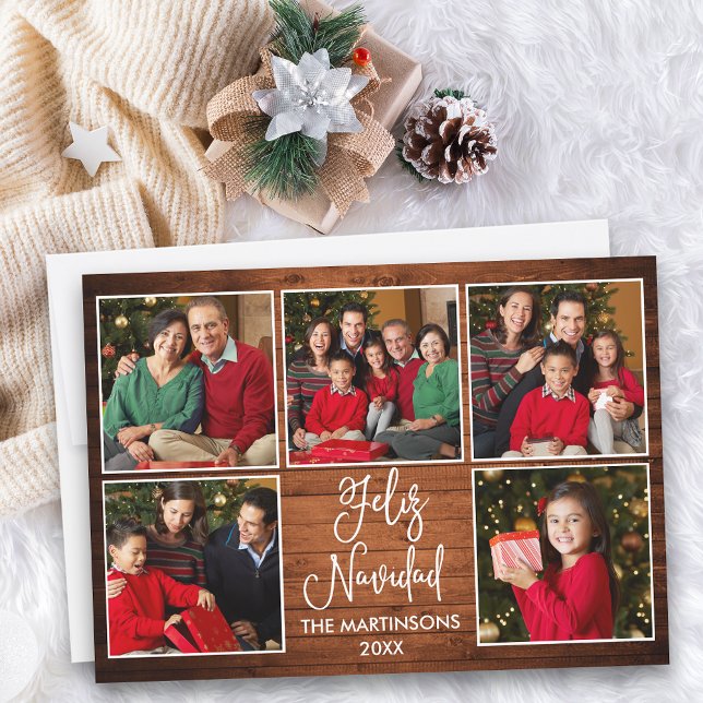 Fun Calligraphy 5 Photo Wood Feliz Navidad (Customize to add text to back of card.)