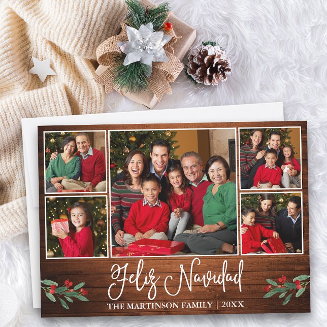 Fun Calligraphy Wood 5 Photo Feliz Navidad (Customize to add text to back of card.)