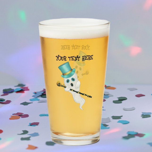 Fun Ghost Vestido Top Hat Black Cane Skull (Fun Ghost blue top hat holding gold skull cane on drinking glass for Halloween.)