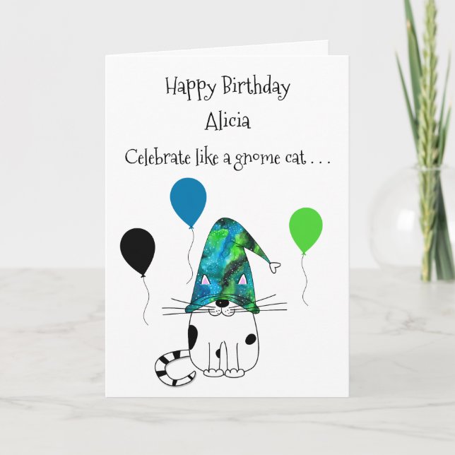 Fun Gnome Cat y Balloons Tarjeta de felicitación d (Anverso)