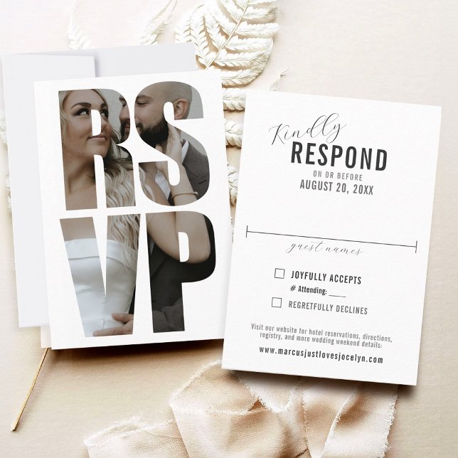 Fun Modern Photo Words Boda Tarjeta RSVP formal (Simple fun minimalist RSVP word photo frame typography formal wedding RSVP card with wedding website)