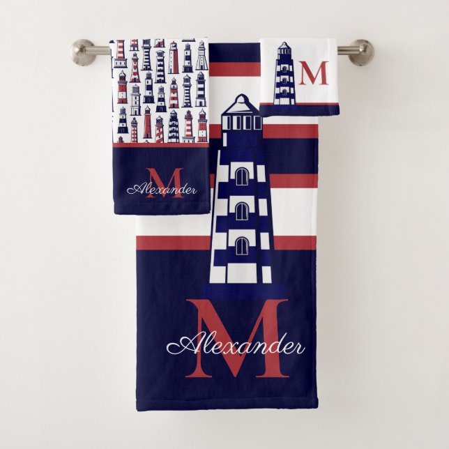Fun Nautical Red White Navy faro de rayas azules (In situ)