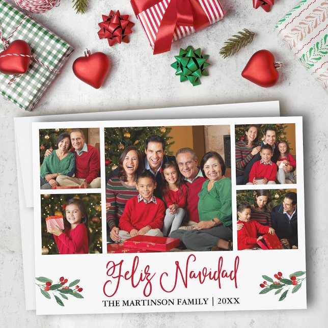 Fun Red Calligraphy 5 Fotos Feliz Navidad (Customize to add text to back of card.)