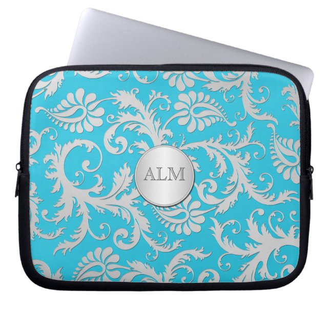 Funda Aqua Blue and Silver Damask para portátiles (Frente)