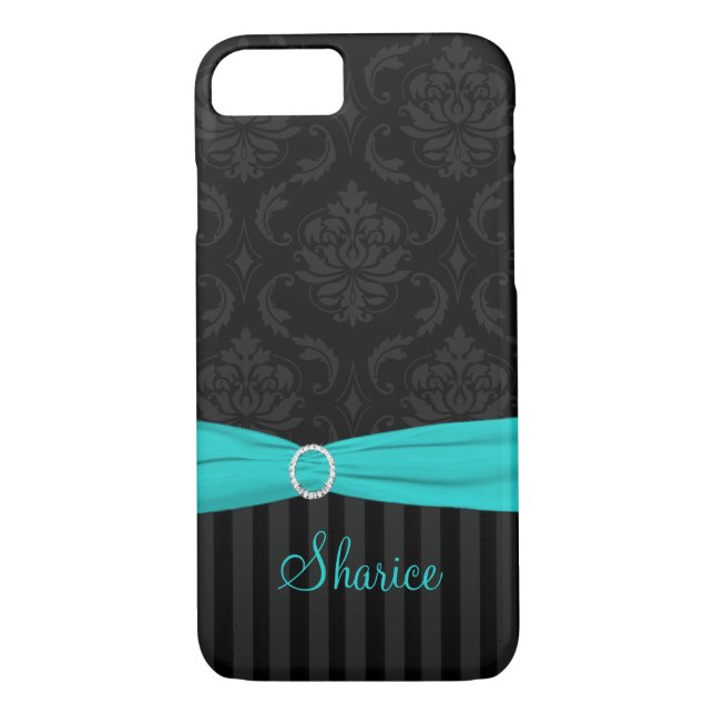 Funda Black Gray Aqua Damask Striped para iPhone 7 (Reverso)