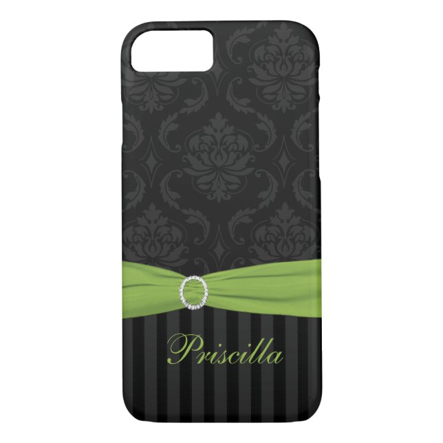 Funda Black Gray Lime Damask Striped para iPhone 7 (Reverso)