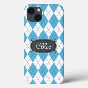 Funda Blue White Gray Argyle Name iPhone 13