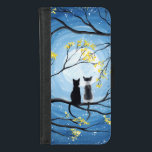 Funda Cartera Luna caprichosa con gatos<br><div class="desc">Dos gatos sentados en una rama mirando la luna llena con un cielo azul lleno de estrellas. Las ramas de los árboles que los rodean con flores amarillas pequeñas. Gato de esmoquin negro y gato manchado de dos colores blanco y gris. Pintura acrílica original moderna y caprichosa de Donna Leger....</div>