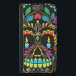 Funda Cartera Para Samsung Galaxy S5 Acentos Purpurinas de los cráneos del azúcar retro<br><div class="desc">Guay color retro floral color de la textura purpurina del cráneo de azúcar con acentos dorados con velas ardientes para los ojos. Fondo negro</div>