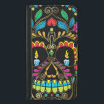 Funda Cartera Para Samsung Galaxy S5 Acentos Purpurinas de los cráneos del azúcar retro<br><div class="desc">Guay color retro floral color de la textura purpurina del cráneo de azúcar con acentos dorados con velas ardientes para los ojos. Fondo negro</div>