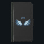 Funda Cartera Para Samsung Galaxy S5 Alas del Ángel Azul brillante sobre fondo negro<br><div class="desc">Alas de ángel azul claro,  artístico sobre fondo negro. Ángel alas.</div>