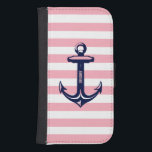 Funda Cartera Para Galaxy S4 Anclaje náutico azul monograma Estampado rosado Pa<br><div class="desc">Elegante diseño con ancla náutica azul y blanca con fondo de rayas rosa pastel y rayas blancas. Monograma opcional.</div>