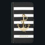 Funda Cartera Para Samsung Galaxy S5 Banda náutica de oro de franjas náuticas de color<br><div class="desc">Patrón de rayas blancas y negras con tonos dorados ilustracion de ancla náutica. Monograma de personalizable. Tamaño de anclaje ajustable.</div>