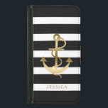 Funda Cartera Para Samsung Galaxy S5 Banda náutica de oro de franjas náuticas de color<br><div class="desc">Patrón de rayas blancas y negras con tonos dorados ilustracion de ancla náutica. Monograma de personalizable. Tamaño de anclaje ajustable.</div>