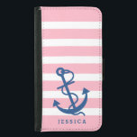 Funda Cartera Para Samsung Galaxy S5 Bandas rosadas y blancas Anclaje Náutico Azul<br><div class="desc">Estampado blanco y rosa claro con ilustracion de ancla náutica azul marino. Monograma de personalizable. Tamaño de anclaje ajustable.</div>