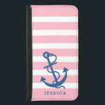 Funda Cartera Para Samsung Galaxy S5 Bandas rosadas y blancas Anclaje Náutico Azul<br><div class="desc">Estampado blanco y rosa claro con ilustracion de ancla náutica azul marino. Monograma de personalizable. Tamaño de anclaje ajustable.</div>