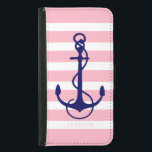 Funda Cartera Para Samsung Galaxy S5 Bandas rosadas y blancas Anclaje Náutico Azul<br><div class="desc">Estampado blanco y rosa claro con ilustracion simple de ancla náutica azul marino. Monograma de personalizable con el color de letra rosado sugerido. Tamaño de anclaje ajustable.</div>