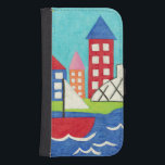 Funda Cartera Para Galaxy S4 Barco de vela y globo aerostático con Cityscape<br><div class="desc">Un paisaje urbano sirve como telón de fondo para un velero y un globo aerostático. Un sol brillante brilla en la escena y un bonito pez nada bajo el agua. ¡Compra esta huella pacífica hoy!</div>