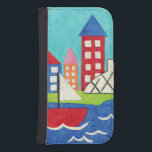 Funda Cartera Para Galaxy S4 Barco de vela y globo aerostático con Cityscape<br><div class="desc">Un paisaje urbano sirve como telón de fondo para un velero y un globo aerostático. Un sol brillante brilla en la escena y un bonito pez nada bajo el agua. ¡Compra esta huella pacífica hoy!</div>