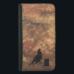 Funda Cartera Para Samsung Galaxy S5 Chica de Carreras de barril Silhouette sobre una t<br><div class="desc">Ilustracion con temática de rodeo rústico y emocionante. Silueta de una carrera de barril de cowgirl con su caballo. El fondo es una textura burda de color marrón y tónica rojiza. Ideal para los amantes del rodeo y de los caballos.</div>