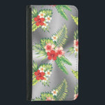 Funda Cartera Para Samsung Galaxy S5 Colorido hibiscus tropical y fondo plateado<br><div class="desc">Flores de hibiscos tropicales coloridas de Guay,  patrón sin fisuras sobre fondo de impresión metálica gris plateado. El brillo plateado es una ilusión digital y no un brillo real.</div>