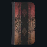Funda Cartera Para Galaxy S4 Damasco grabado de vintage<br><div class="desc">Capas de damasco grueso en rojo,  dorado y negro con bordes ornamentados grabados y adornos de fondo.</div>