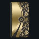 Funda Cartera Para Samsung Galaxy S5 Elegante Damasco floral negro y dorado y líneas di<br><div class="desc">Damasco floral metálico brillante en tonos negros y dorados y diseño de líneas modernas dinámicas. Personalizado y monograma opcional. Varias variaciones en este diseño, con una posición diferente de los elementos. No purpurina real o finis metálico, sino efecto de imagen digital. Si necesita ayuda para personalizar, cambiar el color o...</div>