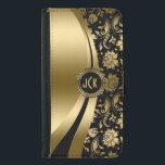 Funda Cartera Para Samsung Galaxy S5 Elegante Damasco floral negro y dorado y líneas di<br><div class="desc">Damasco floral metálico brillante en tonos negros y dorados y diseño de líneas modernas dinámicas. Personalizado y monograma opcional. Varias variaciones en este diseño, con una posición diferente de los elementos. No purpurina real o finis metálico, sino efecto de imagen digital. Si necesita ayuda para personalizar, cambiar el color o...</div>