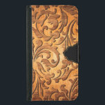 Funda Cartera Para Samsung Galaxy S5 Elegante diseño floral tallado de madera marrón<br><div class="desc">Imagen Guay de diseño elegante de remolinos florales curvados de madera marrón con acento negro opcional.</div>