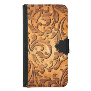 Funda Cartera Para Samsung Galaxy S5 Elegante diseño floral tallado de madera marrón