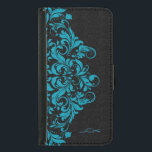 Funda Cartera Para Samsung Galaxy S5 Elegante encaje floral turquesa y negra<br><div class="desc">Elegante encaje floral vintage de color turquesa sobre fondo de damasquinados negros. Personalizado y monograma opcional. Si necesita ayuda para personalizar, cambiar de color o cualquier otra cosa a cualquiera de mis diseños, póngase en contacto con el diseñador ArtOnWear. Formato de texto gratuito con ayuda en directo disponible bajo petición....</div>