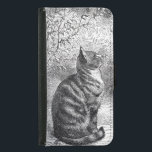 Funda Cartera Para Samsung Galaxy S5 Esbozo de tinta de gato de tabla de vintage<br><div class="desc">Un bonito dibujo vintage en blanco y negro de un gato enlosado sentado y orgulloso entre algunos árboles y hierbas. Dibujado en un estilo de esbozo de tinta.</div>