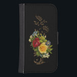 Funda Cartera Para Galaxy S4 Flores elegantes y desplazamientos de oro<br><div class="desc">Ricos colores de rosas amarillas y rojas,  y flores blancas y azules variadas con hojas de oro y deslizamientos sobre un fondo negro.</div>