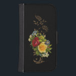 Funda Cartera Para Galaxy S4 Flores elegantes y desplazamientos de oro<br><div class="desc">Ricos colores de rosas amarillas y rojas,  y flores blancas y azules variadas con hojas de oro y deslizamientos sobre un fondo negro.</div>