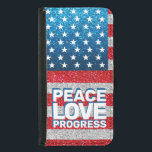 Funda Cartera Para Samsung Galaxy S5 Hands Off Peace Love Progress America Flag Purpuri<br><div class="desc">¡Paz, amor, progreso! Protesta pacífica con esta bandera estadounidense roja, blanca y azul con falsos purpurinas FX. Este caso de teléfono simboliza la lucha en curso por los derechos civiles y la dignidad humana. Las protestas contra Trump encendieron un fuego de resistencia colectiva en Estados Unidos. Este estuche telefónico no...</div>