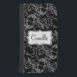 Funda Cartera Para Galaxy S4 Moneda de la flor silvestre adamascal de celda bla<br><div class="desc">Estuche de carteras con motivos de damasco de flores silvestres moderno y elegante. Personalizar el con su nombre y un monograma inicial,  actualmente lee Camille R. Patrón original y diseño de Sarah Trett.</div>