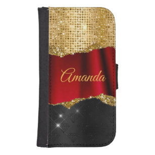 Funda Cartera Para Galaxy S4 Monograma negro de oro rojo Purpurina falso elegan