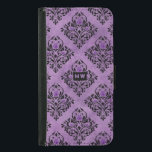 Funda Cartera Para Samsung Galaxy S5 Monograma vintage morado floral gótico Damask<br><div class="desc">Estuche de teléfono gótico vintage con un patrón de damasco negro y morado.</div>