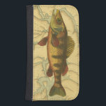Funda Cartera Para Galaxy S4 Percha amarilla en el mapa<br><div class="desc">Esta impresión ilustra una imagen artística de un pez perca amarillo. El fondo muestra un mapa geográfico vintage en tonos beige claro. El marco marrón se asemeja al antiguo patrón de madera con flores amarillas-rojas en los bordes. ¡Una gran adición a tu colección de pesca!</div>