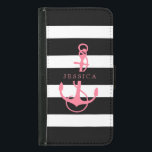 Funda Cartera Para Samsung Galaxy S5 Rayas y anclaje de barco en blanco y rosado negro<br><div class="desc">Elegante negro sobre rayas blancas patrón blanco color rosa ilustracion de ancla náutica de barco. Monograma de personalizable.</div>
