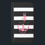Funda Cartera Para Samsung Galaxy S5 Rayas y anclaje de barco en blanco y rosado negro<br><div class="desc">Elegante negro sobre rayas blancas patrón blanco color rosa ilustracion de ancla náutica de barco. Monograma de personalizable.</div>