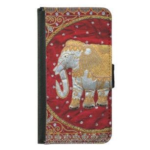 Funda Cartera Para Samsung Galaxy S5 Rojo embellecido y oro del elefante indio