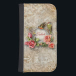Funda Cartera Para Galaxy S4 Rosa de damasco de época personalizado<br><div class="desc">Diseño romántico de inspiración vintage con un espacio para la personalización rodeado de flores ornamentales, pájaros y pulverizadores de rosas en un fondo adamascado. Nota: Efectos esculpidos, grabados, grabado en relieve y dimensionales, de aspecto estratificado, envejecido o erosionado, texturas y sombras logradas digitalmente. El producto real tiene una superficie plana....</div>