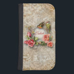 Funda Cartera Para Galaxy S4 Rosa de damasco de época personalizado<br><div class="desc">Diseño romántico de inspiración vintage con un espacio para la personalización rodeado de flores ornamentales, pájaros y pulverizadores de rosas en un fondo adamascado. Nota: Efectos esculpidos, grabados, grabado en relieve y dimensionales, de aspecto estratificado, envejecido o erosionado, texturas y sombras logradas digitalmente. El producto real tiene una superficie plana....</div>
