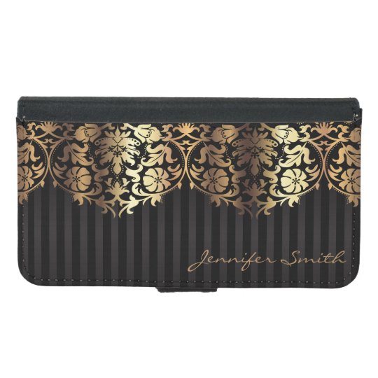 Funda Cartera Para Samsung Galaxy S5 Diseño elegante del negro del damasco del oro
