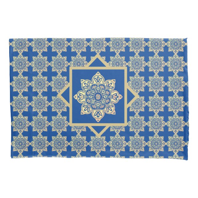 Funda de almohada con medallones de oro sobre azul (Anverso)