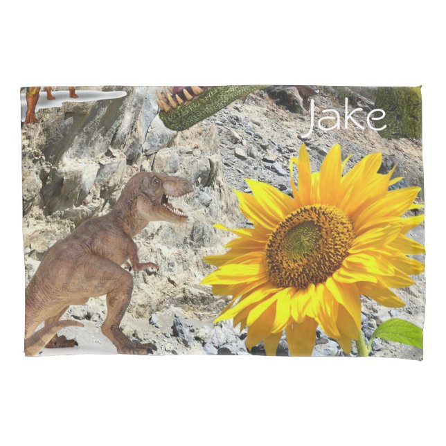 Funda de almohada de girasol, dinosaurio floral (Anverso)