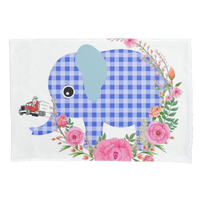 Funda de almohada de girasol, elefante azul floral (Anverso)